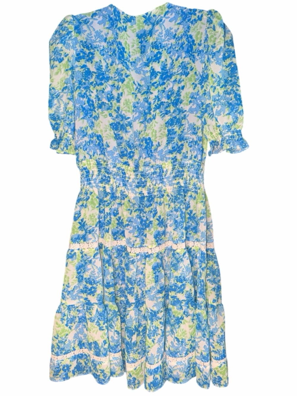Taylor Blue & Lime Floral Tiered Wrap Midi Dress with Lace Trim —#129 - Picture 3 of 11